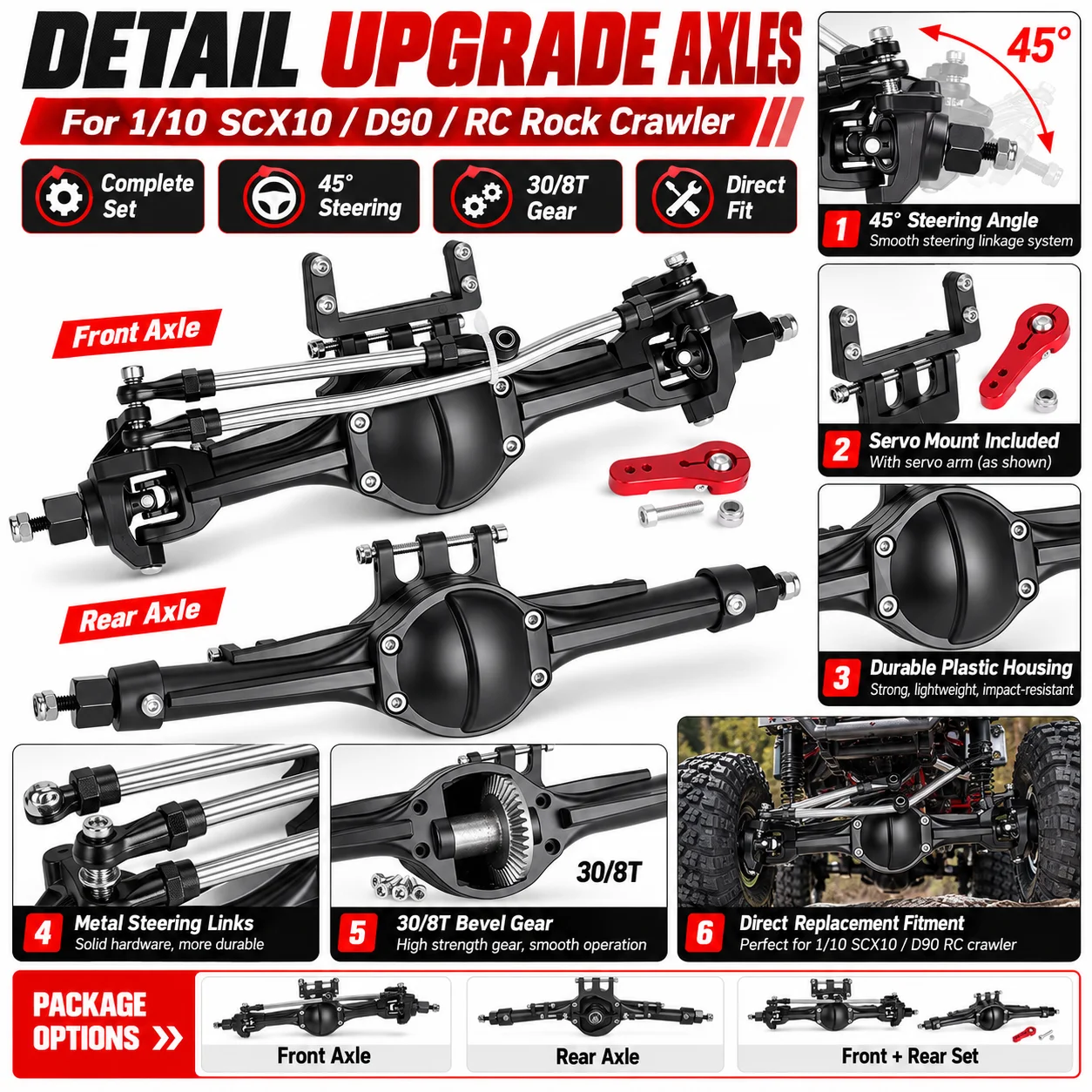 1/10 RC Rock Crawler Front Rear Straight Complete Axles Set for 1:10 RC Car SCX10II 90046 90047 Axial RC4WD D90 Upgrade Parts