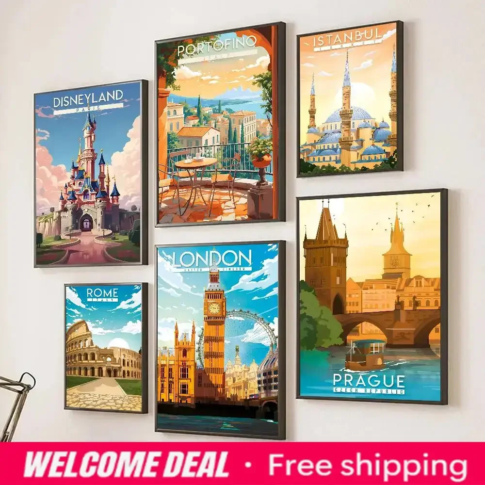 2026  Classic City Travel Illustrations Poster Self-adhesive Art Room Entrance Restaurant Wall Decor Art Painting