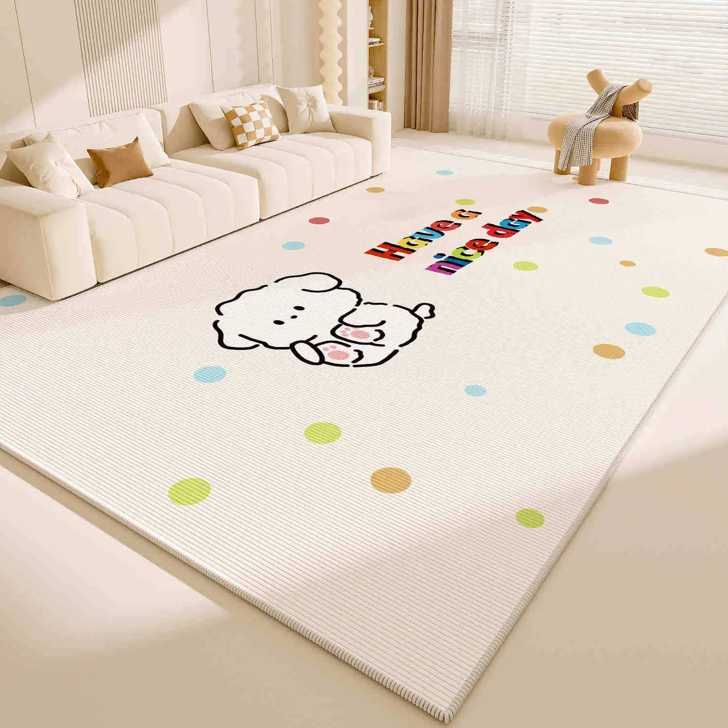 VIKAMA Doodle Puppy Kids Rug, Have a Nice Day Cartoon Dog Polka Dot Play Mat, Non Slip Washable Crystal Velvet Rug for Bedroom