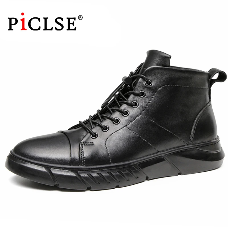 PICLSE Luxury Brand Genuin Leather Men Boots Comfortable Warm Ankle Winter Boots Business Men Botas Hombre Large Size Men Shoes