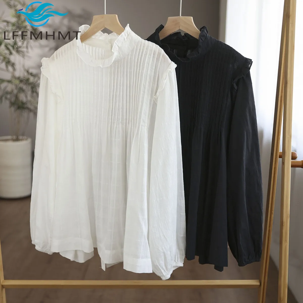 

Новое осеннее поступление, женская свободная хлопковая рубашка на пуговицах с длинными рукавами, однотонная блузка со складками в художественном стиле ретро и воротником с рюшами