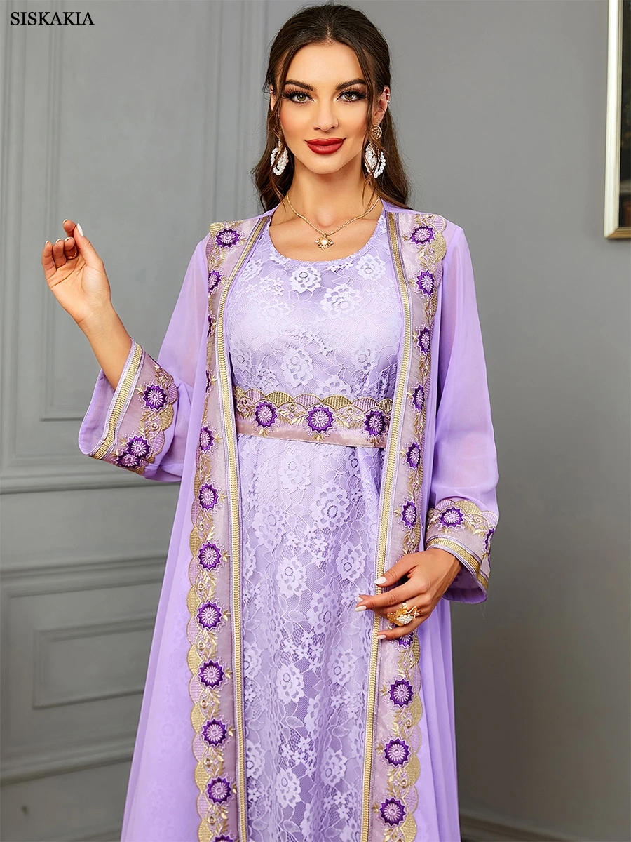 Siskakia Moroccan 2 Piece Abaya Set Jilbabs For Woman Chic Purple Chiffon Lace Tape Belted Arabic Gown Ramadan Musulmane Caftan