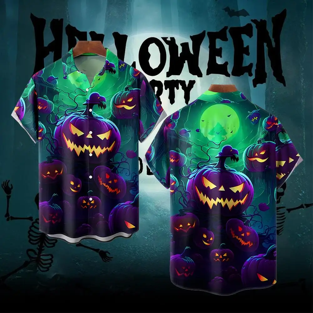 

Фестиваль Хэллоуина, уличная модная трендовая рубашка, топы с короткими рукавами с 3D принтом ужасов и тыквой, унисекс, вечерние, повседневная дышащая блузка