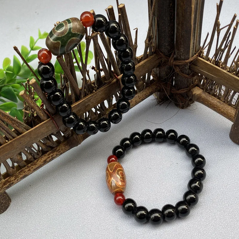 Three-Eyed Dzi Agate Bracelet with Single Barrel Bead, Suitable for Street Stalls, Tourist Attractions, Temple Fairs, Night