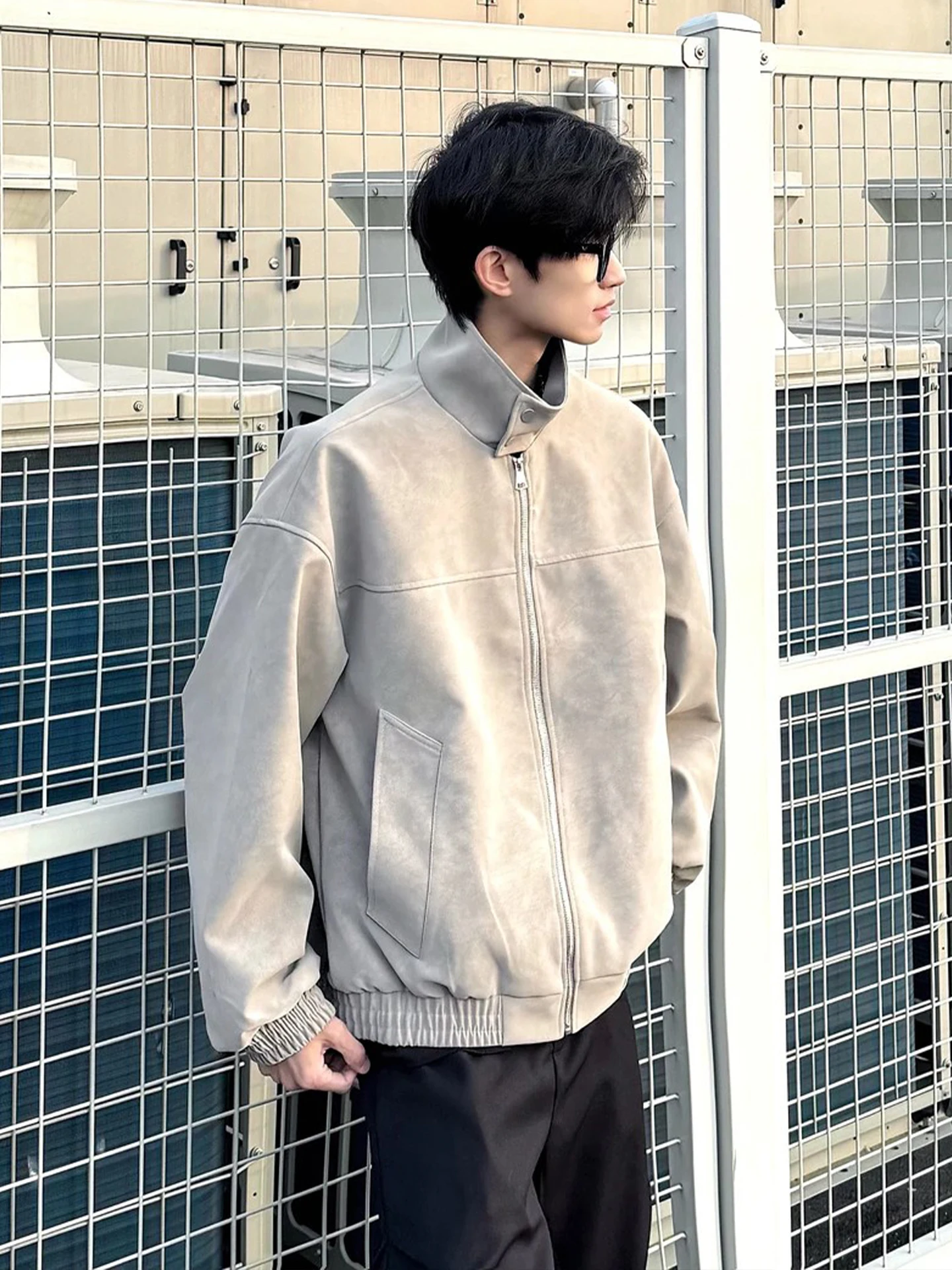 

ey Tie-Dye Dir Leather Jaet Men's American Sle Stand Collar Baseball Vest Cleanfit Workwear Flight Jaet Autumn