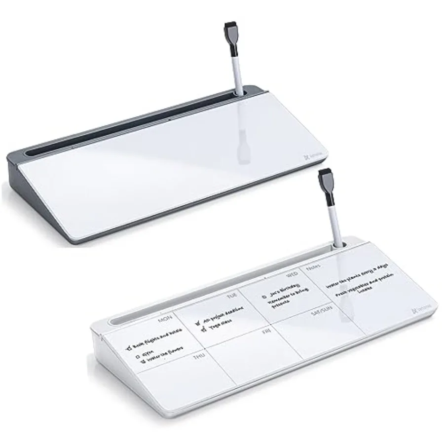 

Desktop Glass Whiteboard Gray and White with Weekly Planner, Desk Organizer Solution for Home Office School Art Beauty Supplies
