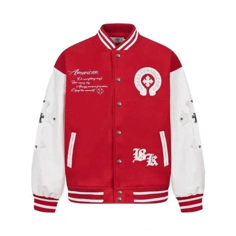Retro Embroidered Bomber Jacket Men Spliced PU Leather Sleeves Streetwear Baseball Jacket Coats Varsity Jacket Men Clothing