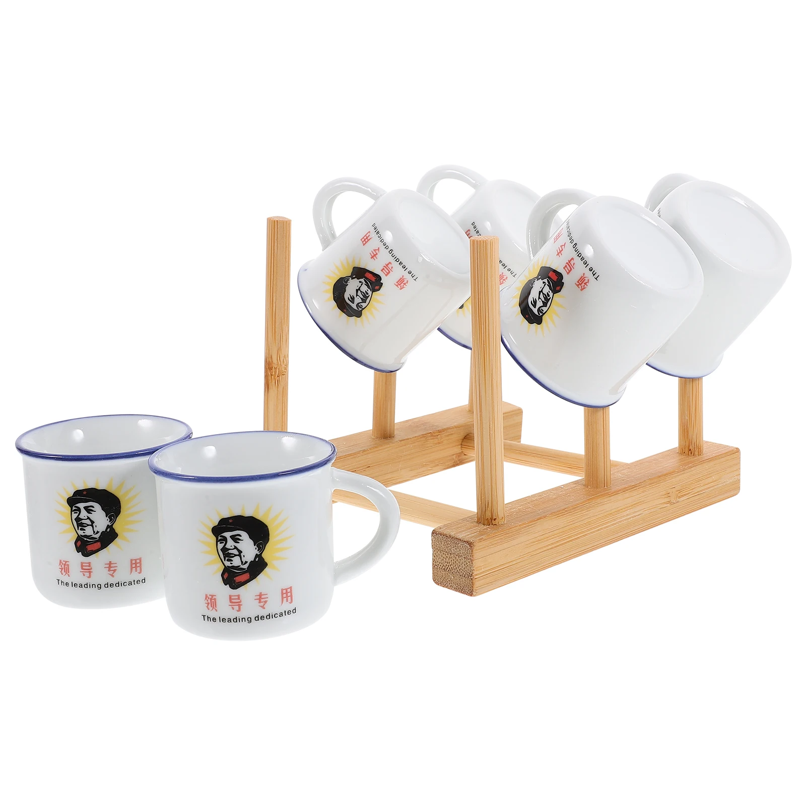 

6 Ceramic Tea Cups 70ml Bamboo Holder Retro Mini Size Classical Teaware Compact Household Accessories Safe Smooth Surface