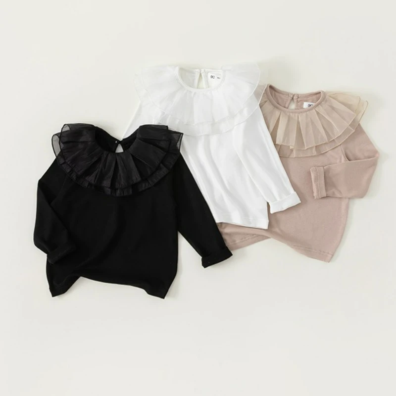 Autumn Girls' T-shirts Long Sleeves Lapel Bottoms Inner Layer with Ruffle Collar Top Children's Clothing