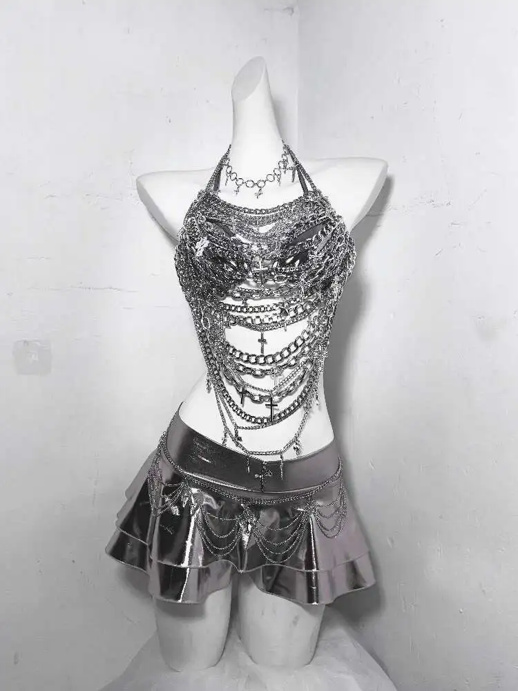 

TDH Subculture Future Technology Iron Chain Cross Hollow Chain Splicing Sexy Silver Hot Girl Set