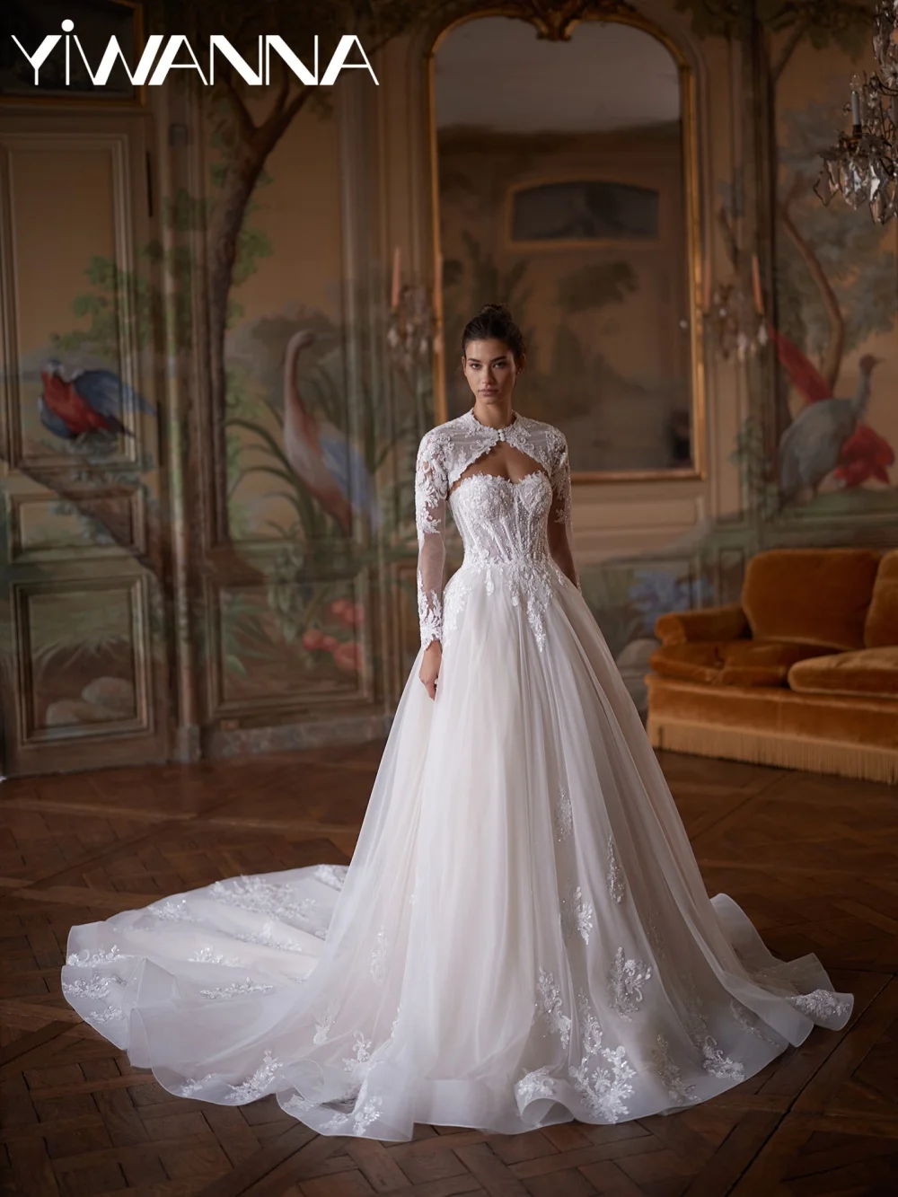 

Свадебное платье с отстегивающимися рукавами, блестящими бусинами, кружевными аппликациями, А-силуэта, длинное, на заказ, из блестящего тюля, для невесты