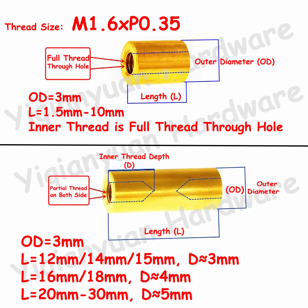 Dystanse mosiężne okrągłe Yiqianyuan M1.6xP0.35 z grubym gwintem, przedłużone, miedziane, małe szpilki, długość od 1.5mm do 30mm, średnica zewnętrzna 3mm