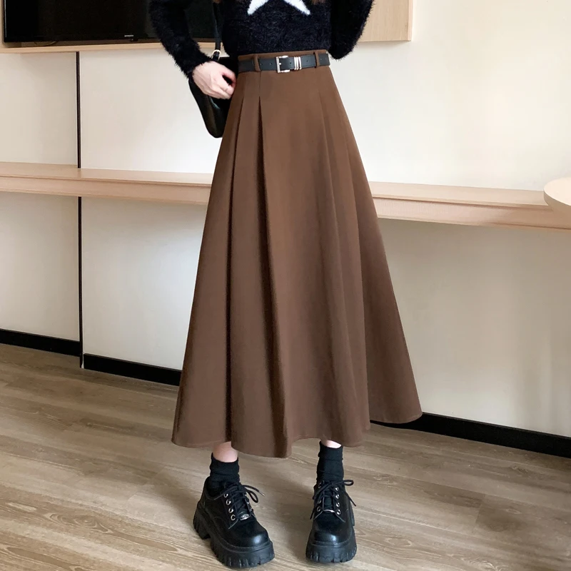 

2024 Autumn Winter Woolen Long Skirts Women Fashion Streetwear High Waist Pleated Skirt Vintage Folds Casual A-Line Skirts Femme