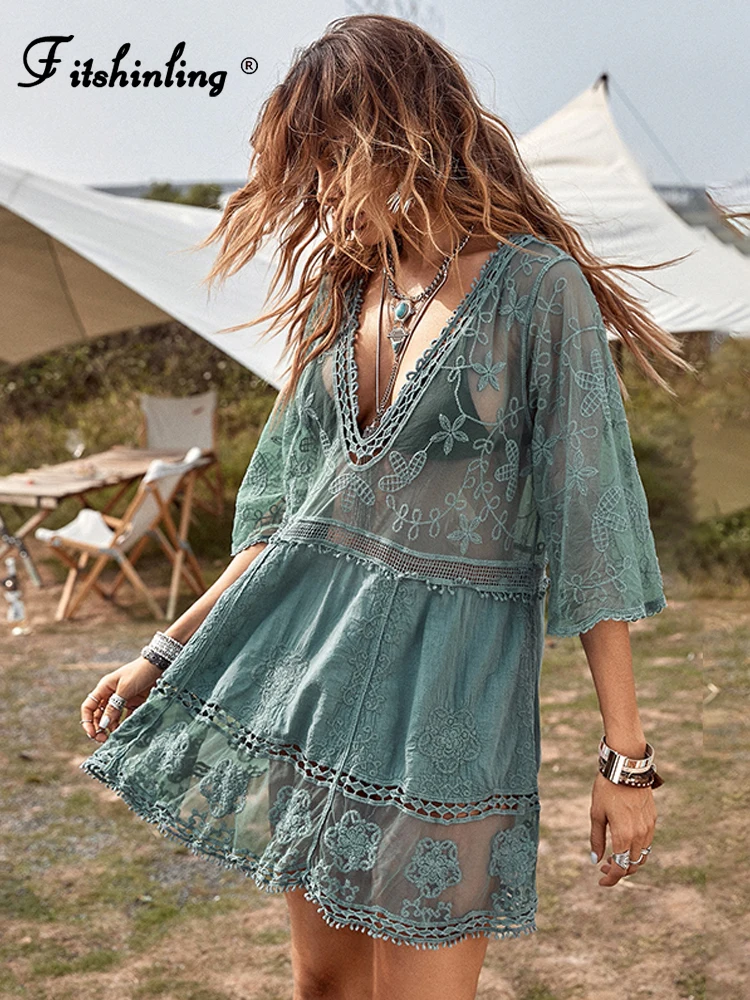 

Fitshinling Deep V Neck Boho Beach Outing Sheer Sexy Lace Tunic Pareo Swimwear Summer Vintage Short Dress Holiday Cover Up 2022