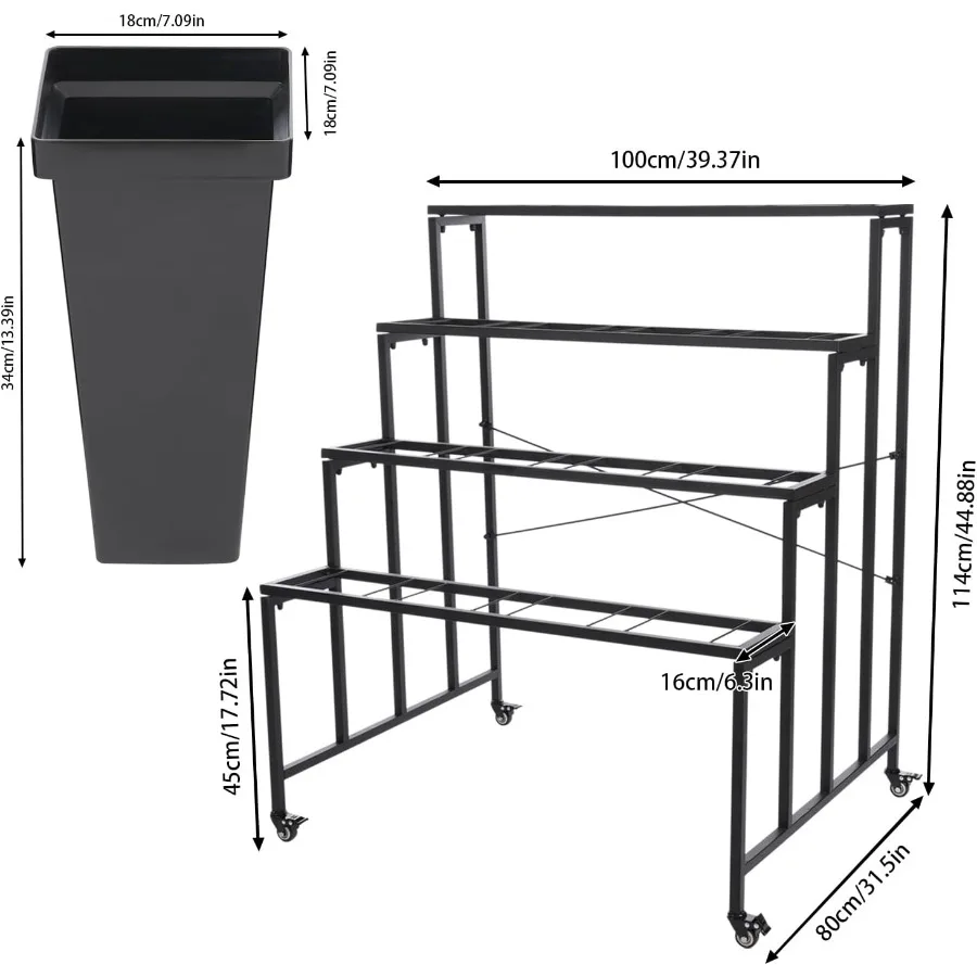 حامل عرض على شكل زهور مكون من 4 طبقات مع دلاء مربعة لديكور الحديقة الداخلي وحامل نباتي دوار قابل للتعديل مع بوك بلاستيكي متين #2