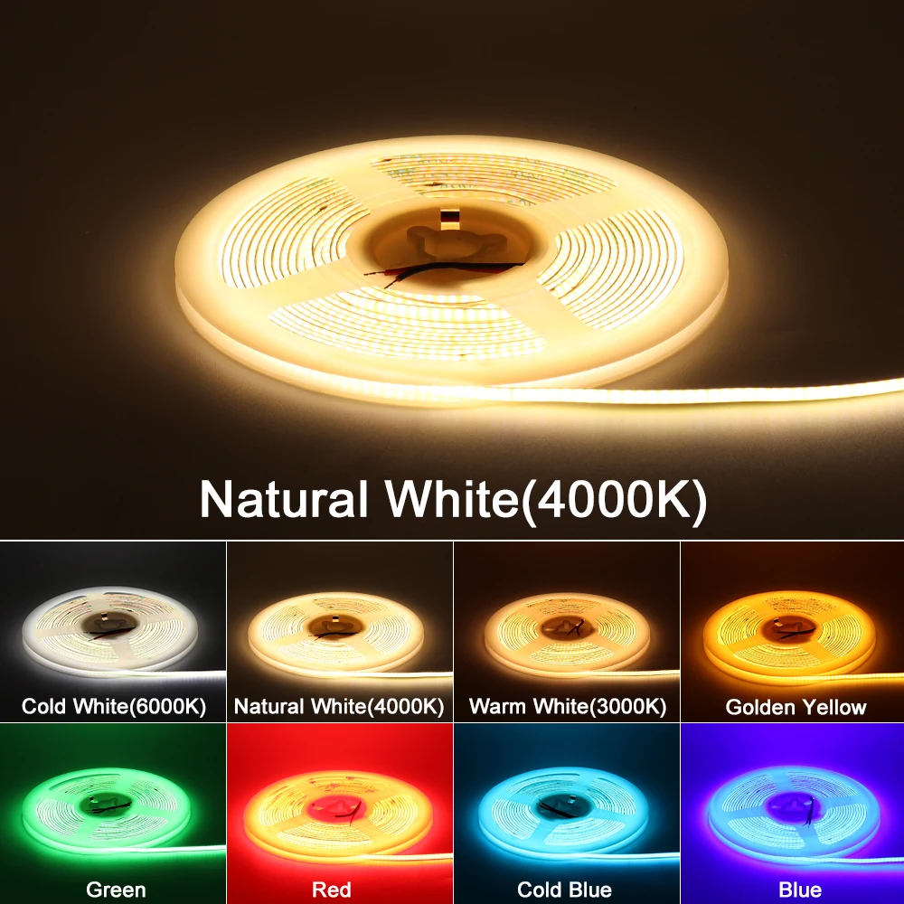 Imagem -05 - Fita Led Cob Flexível Regulável Alta Densidade Cob Vermelho Amarelo Verde Rosa Azul Azul Frio Quente Natural Branco Frio Ra90 mm