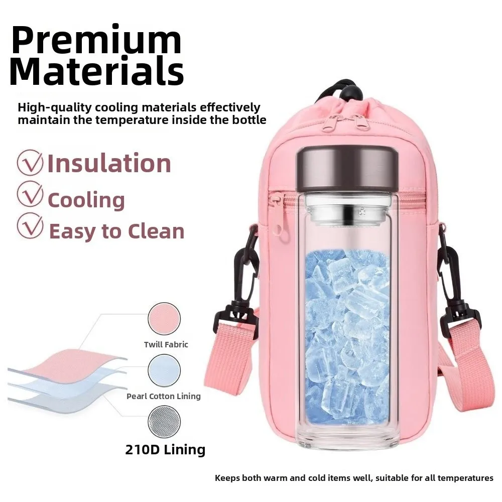 Adjustable Shoulder Strap Crossbody Water Bottle Bag Insulation Drawstring Design Cup Sleeve Hands-Free Mobile Phone Pocket