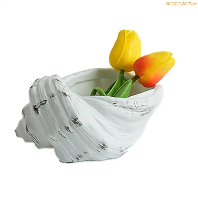 K1AE Elegant Resin Flower Pot Handcrafted Nordics Succulents Planter Seashells Themed Flower Pot For Home And Office Aesthetics