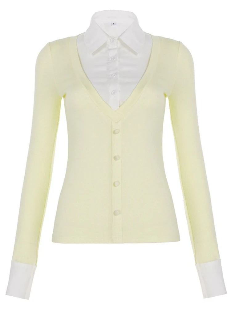 SsTss الحلو الكورية نمط متماسكة للنساء موضة كتلة اللون وهمية قطعتين رفض طوق كم طويل سليم البلوز القمم #4