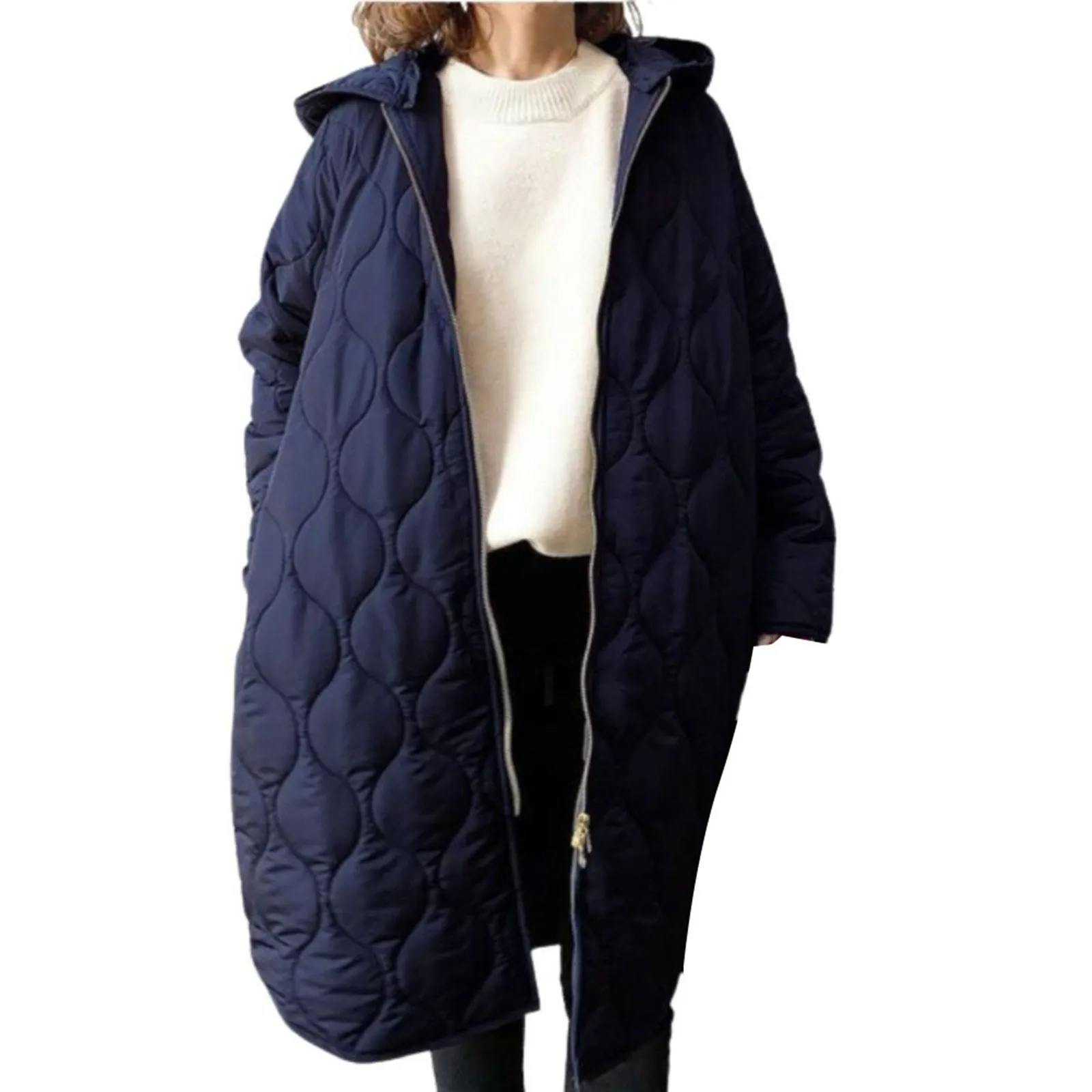 Winter Hooded Long Parkas Quilted Coats Loose Casual Zipper Long Sleeve Top Cotton Padded Jackets Women Clothing Female Outwear