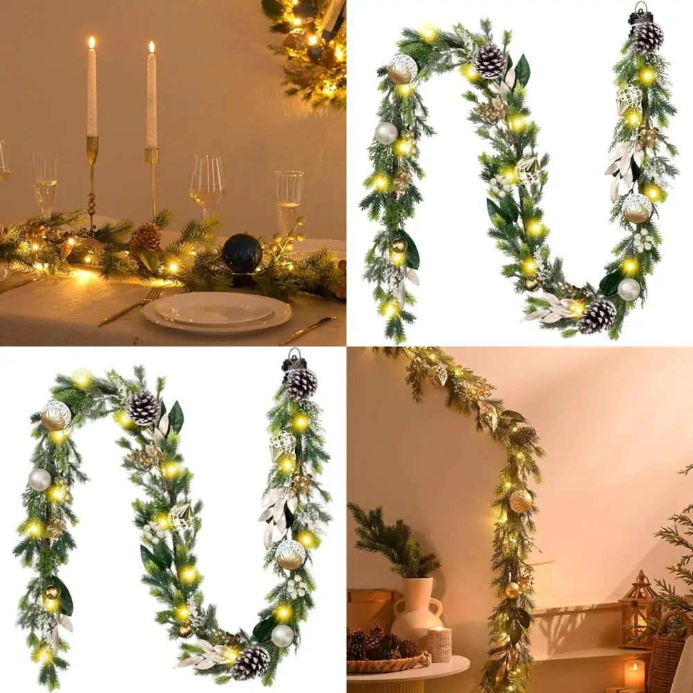 

9-футовая рождественская гирлянда на батарейках с огнями, искусственной зеленью, шишками и золотисто-белыми украшениями для праздничного декора