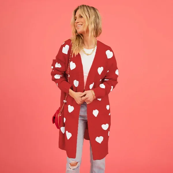 

Fashion Heart Pattern Mid-length Loose Knitted Cardigan Coat,European and American Women's V-neck Knit Sweater Coat with Pockets