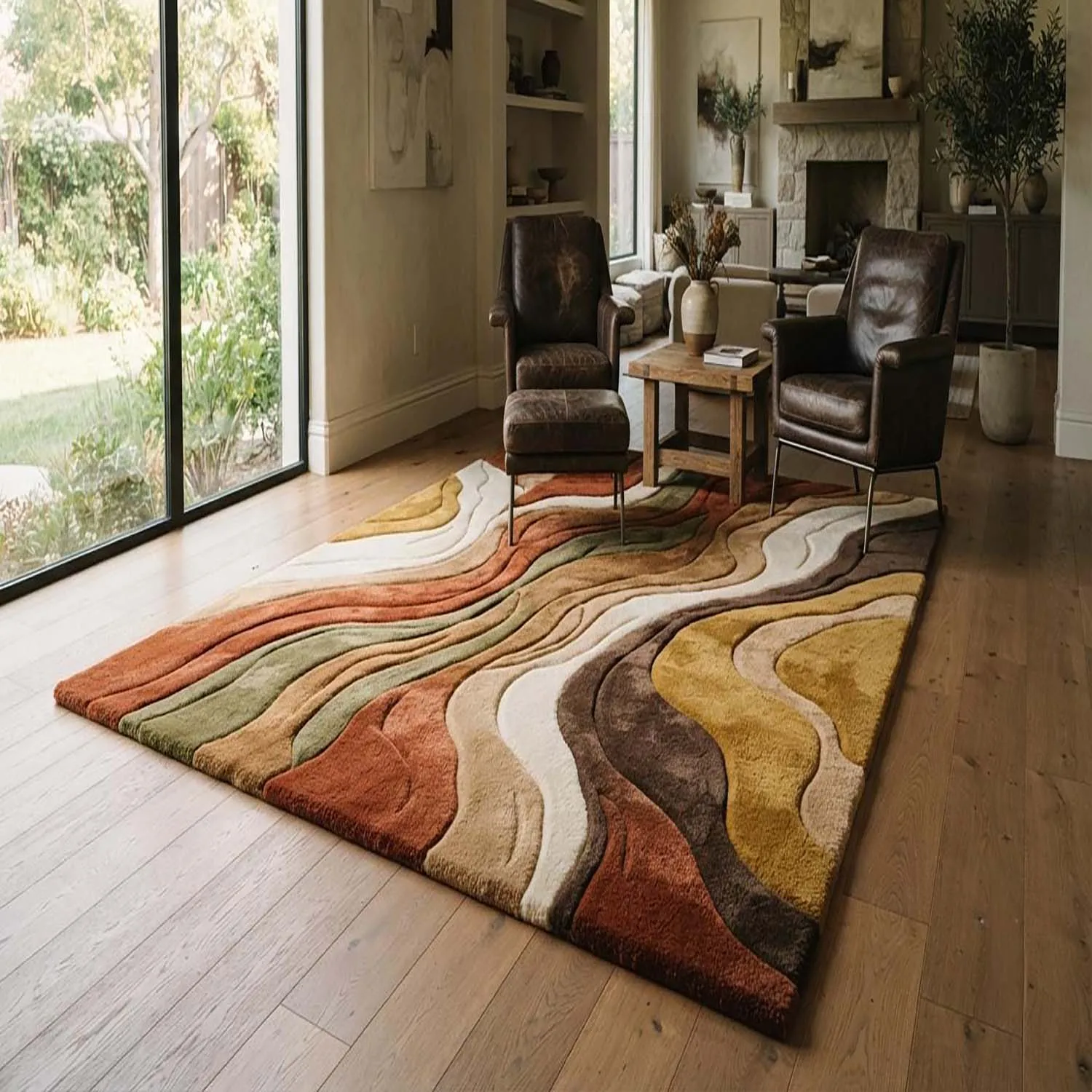 Room Decor Rug Rust Olive Yellow Cream Multi-Tone Undulating Wave Abstract Area Rug, Plush Floor carpet, rugs for livingroom, rug for bedroom, Rectangle Floor Mat, Great for Farmhouse Villa, Nature In
