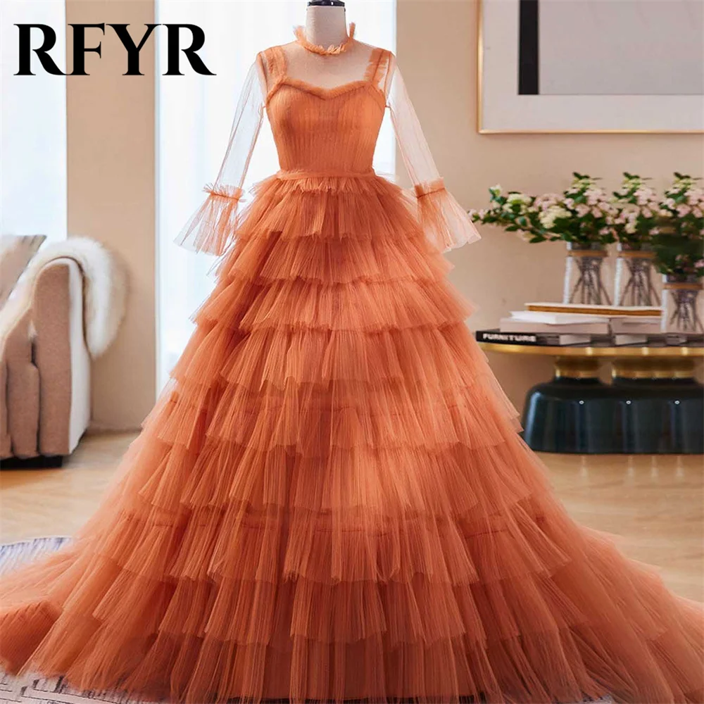 

RFYR Simple Orange A-line Evening Dresses Corset Regular Sleeve O-Neck Tulle Prom Dress Tiered 프롬드레스 Long Pleats Party Dresses