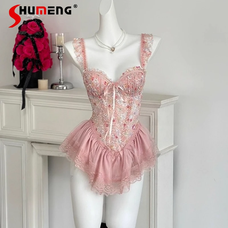 

Sweet Floral Print Fishbone Bra Nightdress with Chest Pads Women Push Up Sexy Nightwear Female Slimming Sleepshirts Underwear