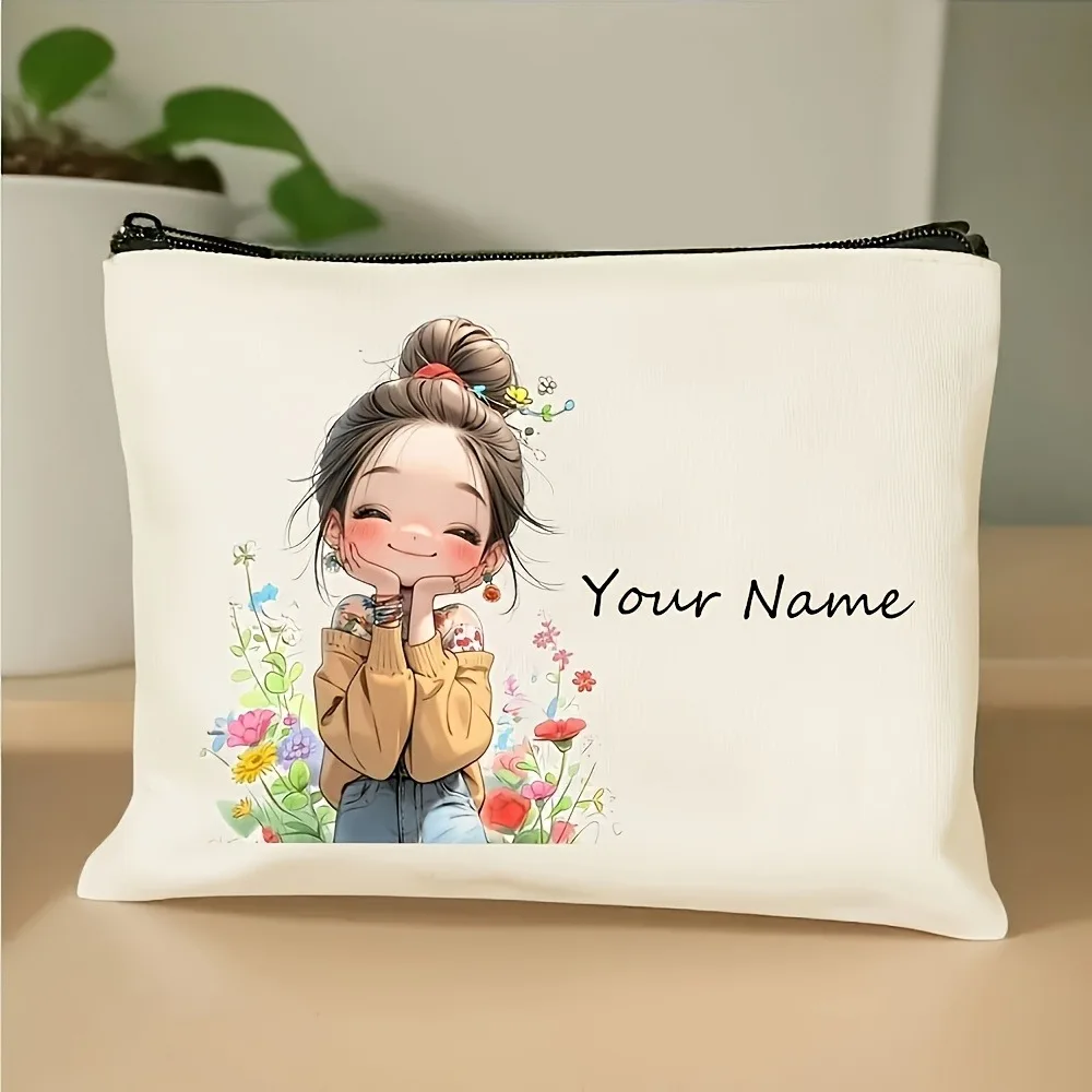 Chic Custom Name Unique Vintage Cute Floral Makeup Bags for Girls Cosmetic Pouch Toiletry Bag Pencil Case Travel Storage Handbag