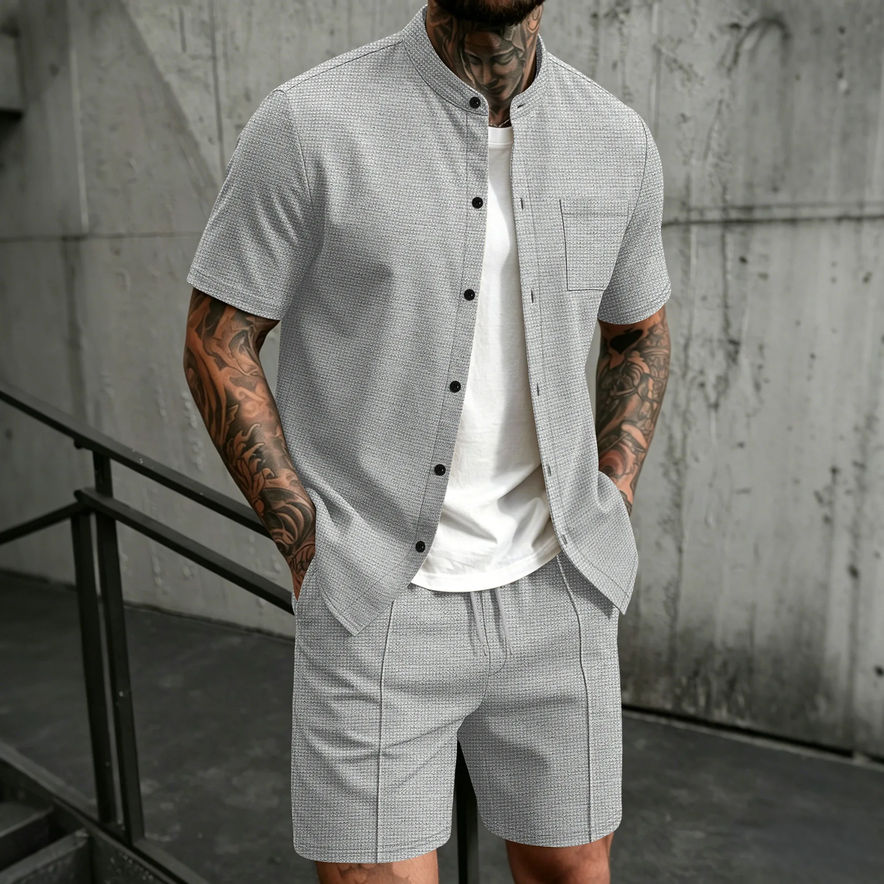 Men's new summer style waffle plain-color crew-neck t-shirt with pocket short-sleeved set with beach shorts men's casual suit