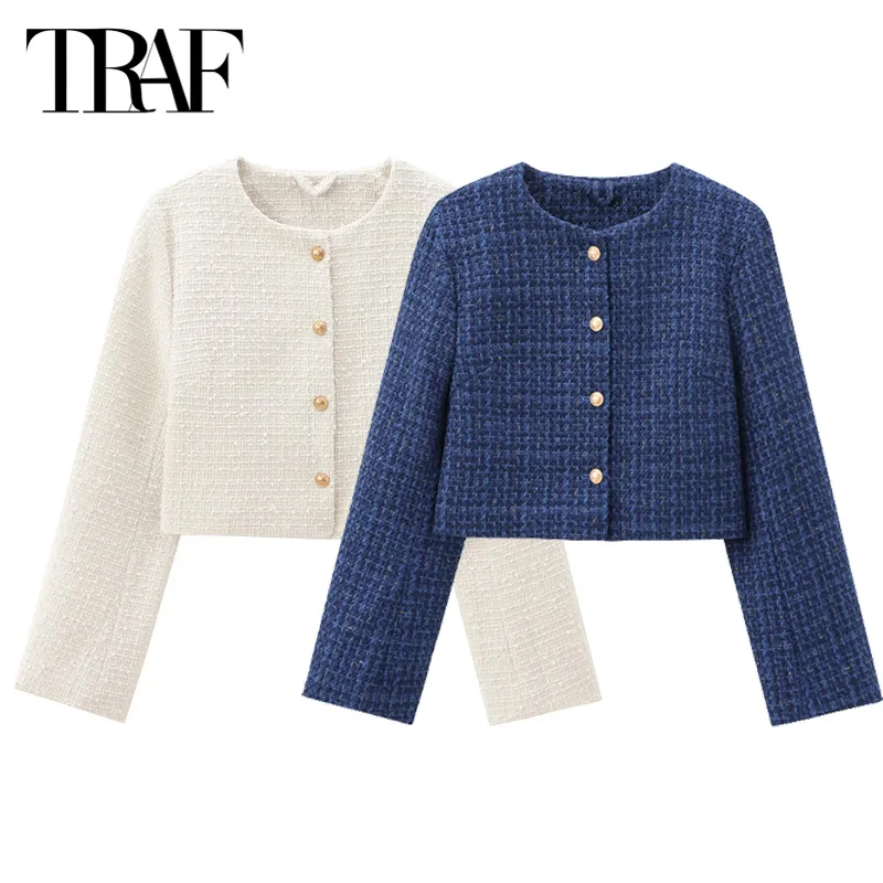 TRAF Women\'s Outerwears 2024 Spring Autumn Cropped Varsity Jacket Coat Ladies Fashion Casual Elegant Beige Blue Short Coats