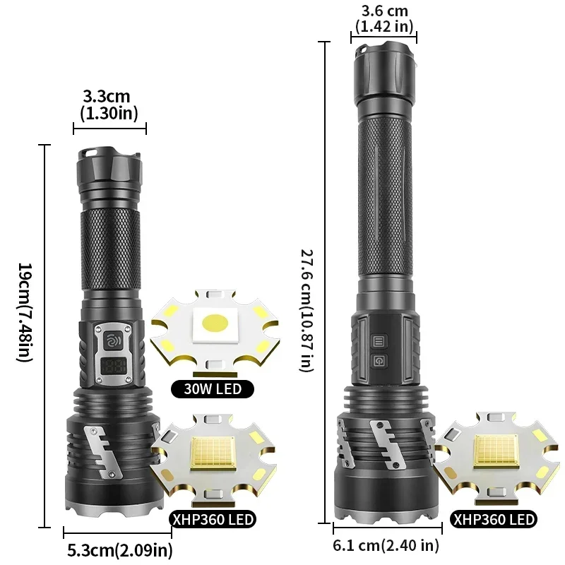 XHP360 High Lumen LED Flashlight 30W Long Range Digital Power Display Reverse Output Torch for Outdoor Patrol Work Inspection