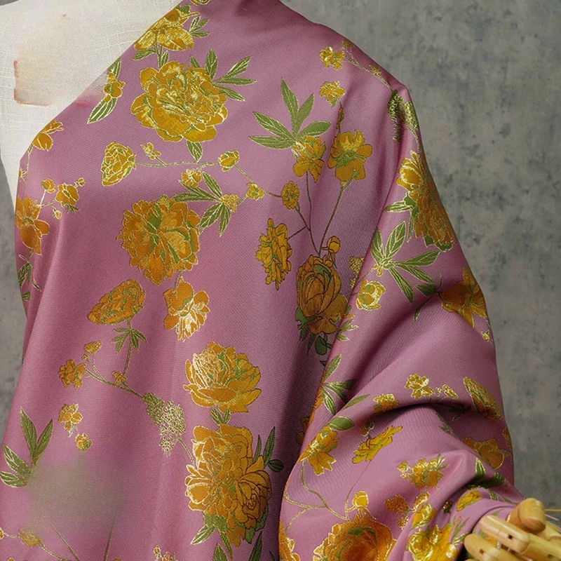

Chinese Style Vintage Peony Yarn Jacquard Fabric Dyed Tang Suit Hanfu Frog Button Jackets Qipao Apparel Decorative Material