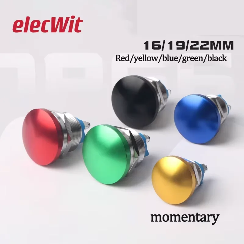 Saklar Tombol Logam Kepala Jamur Warna-warni Tahan Air, Saklar Daya Momentary Otomatis Reset 16mm/19mm/22mm