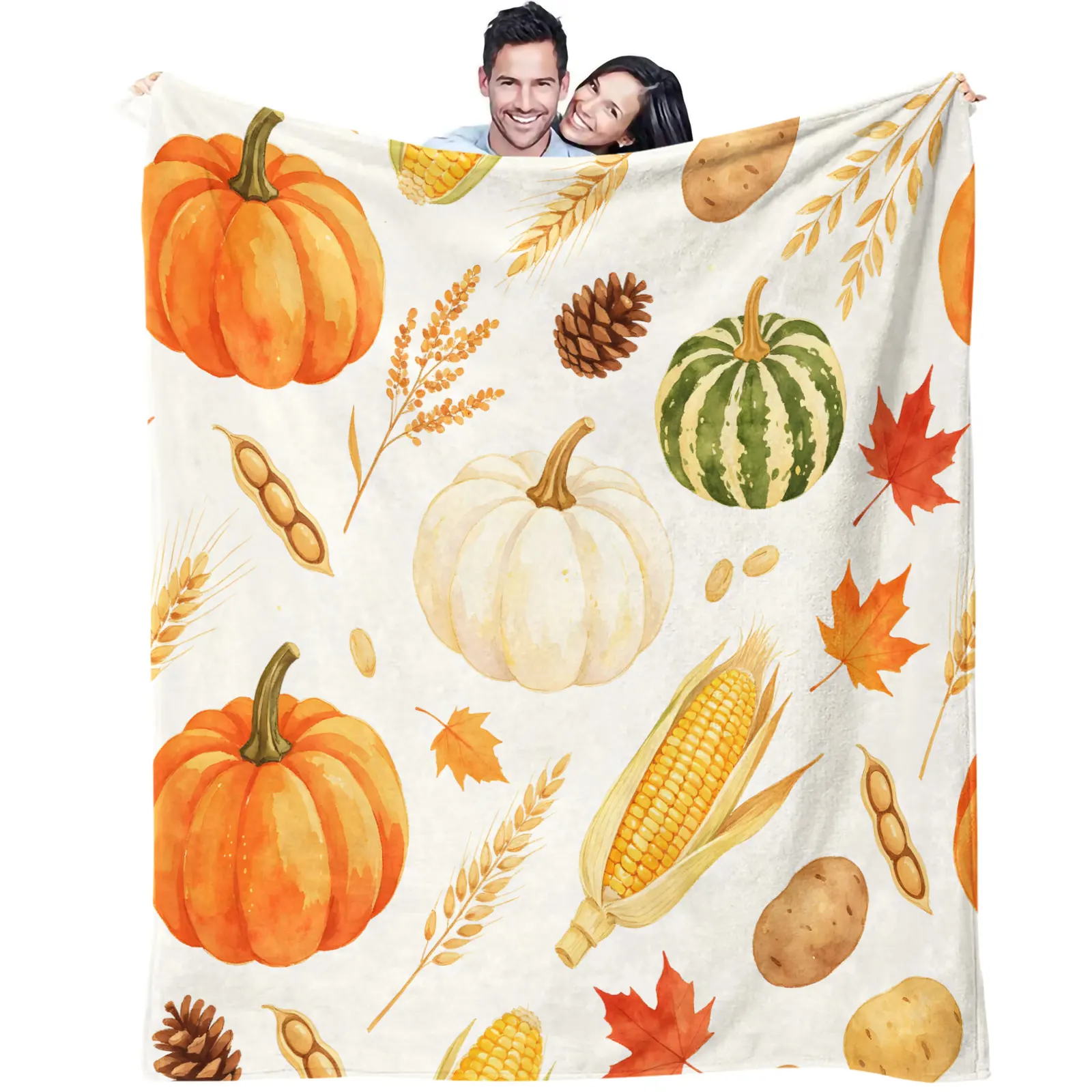 Thanksgiving Autumn Throw Blanket Soft Plush Microfiber Watercolor Pumpkin Corn Maple Leaf Pattern Lightweight Blanket for Sofa