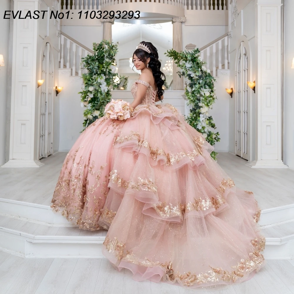 EVLAST Customized Mexican Blush Pink Quinceanera Dress Ball Gown Gold Applique Beading Tiered Sweet 16 Vestido De 15 Anos E1Q139