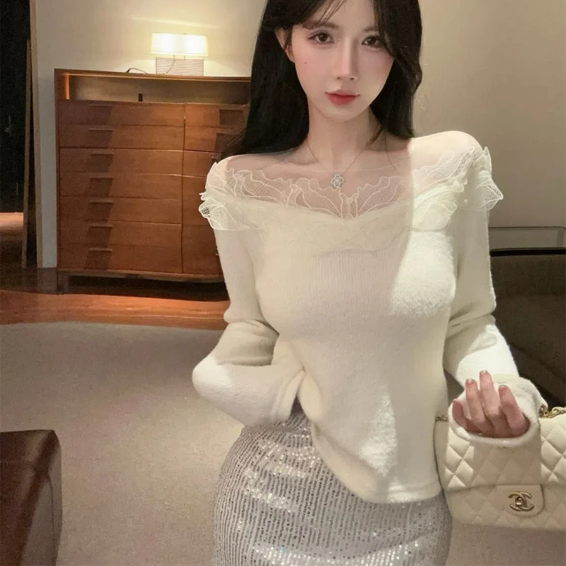 One Shoulder Temperament Mesh Patchwork Mink Fur Lace Shirt for Women Pure Desire Style Long Sleeved Base Shirt