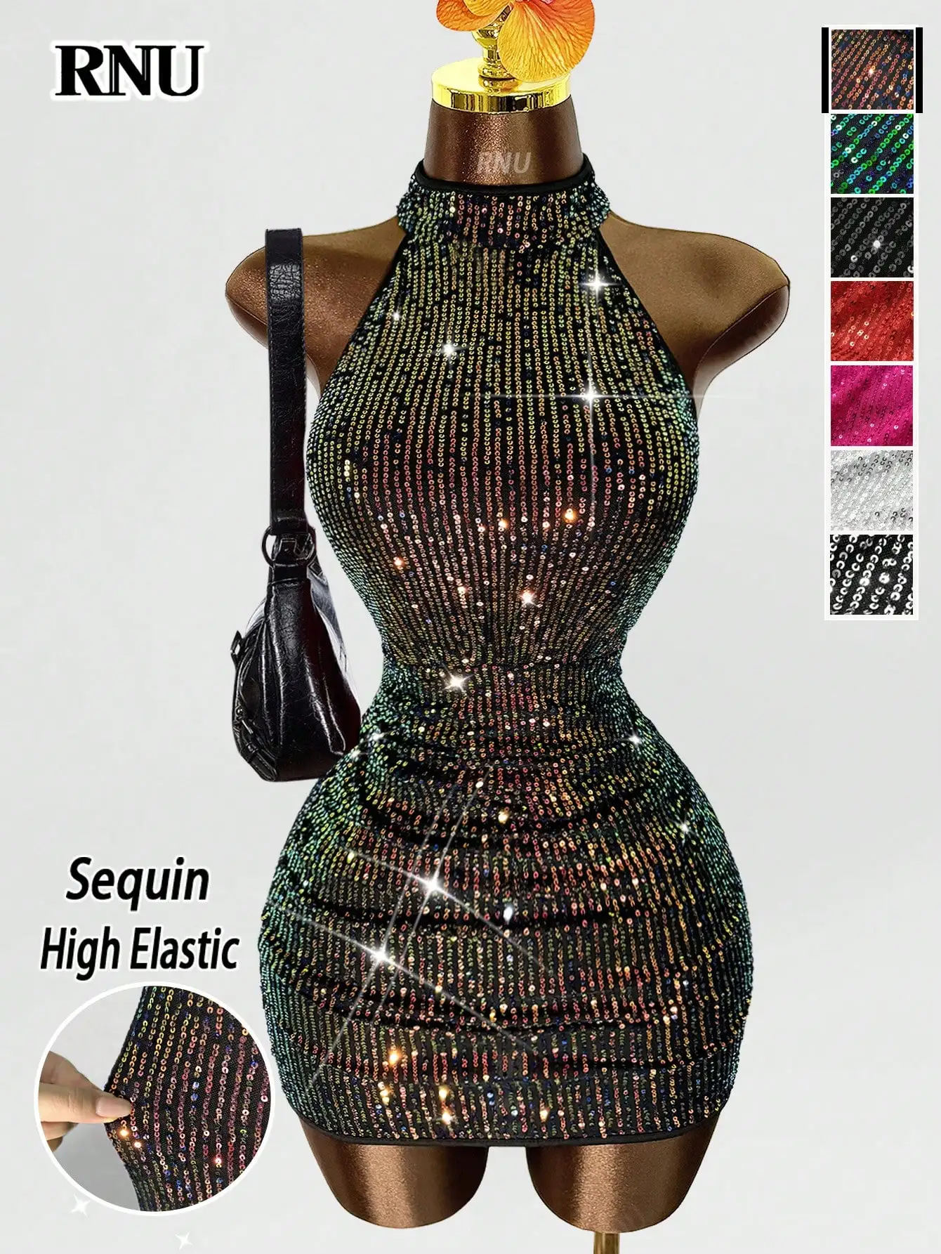 

Эластичное мини-платье с пайетками и воротником-халтер для вечеринок и ночных выходов в свет