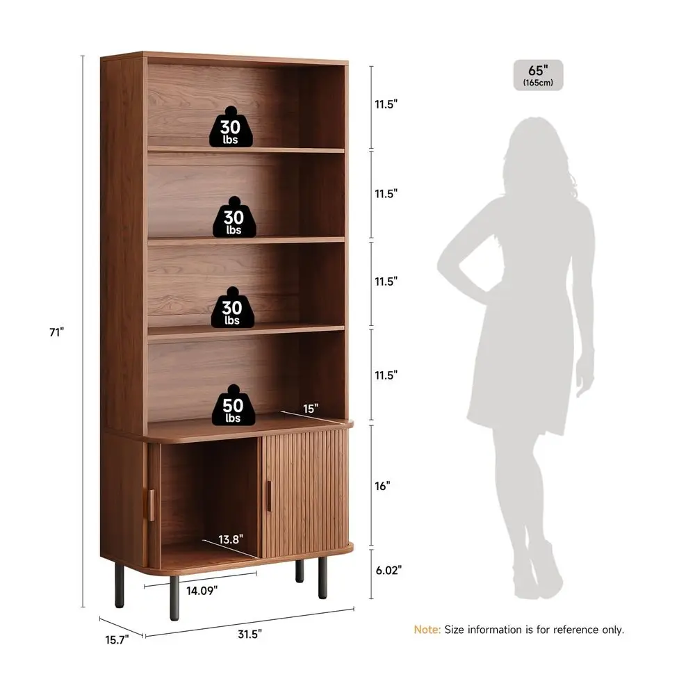 

71 Tall Bookshelf, 4Tier Bookcase with Storage Cabinet amp Adjustable Storage Shelf, Freestanding Wood Bookshelf with Sliding D