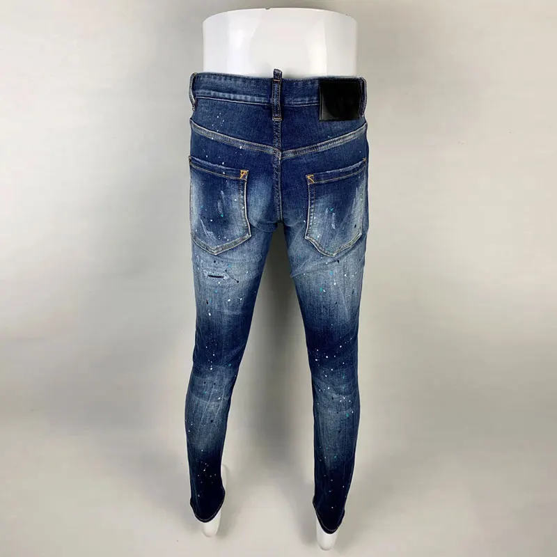 High Street Fashion Men Jeans Retro Blue Elastic Slim Fit Painted Ripped Jeans Men Vintage Designer Hip Hop Brand Pants Hombre