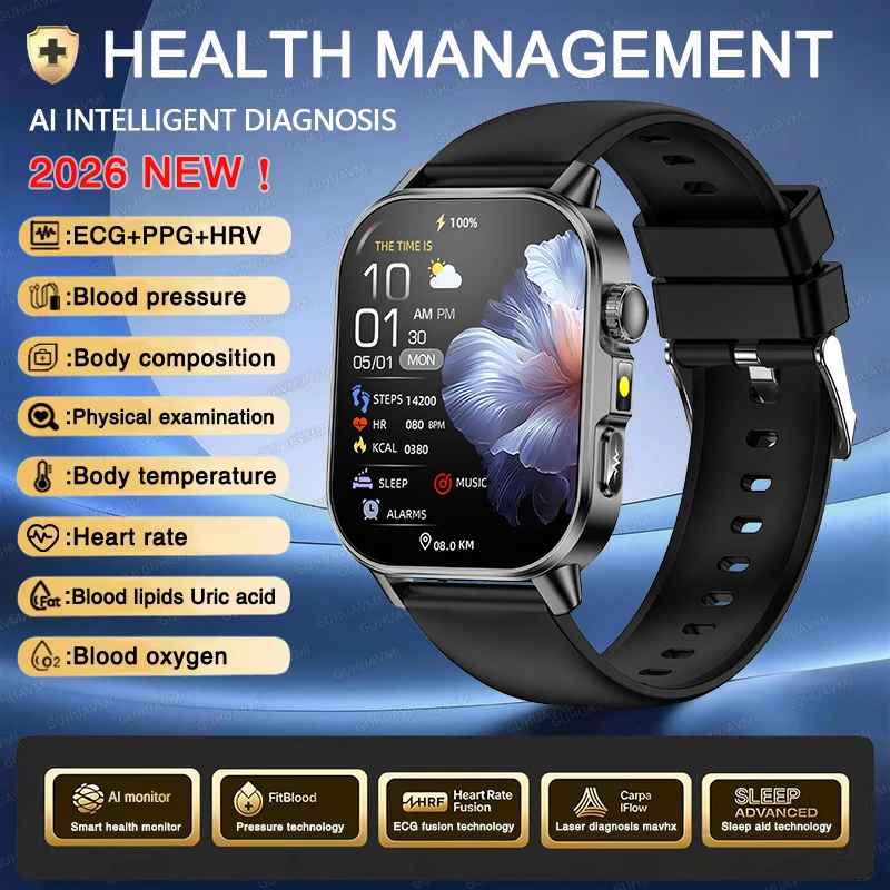 2026 Nieuwe Nauwkeurige Meting Gezondheid Smartwatch ECG+PPG Bloeddruk Bloedlipiden Urinezuur BT Oproep Smartwatch Voor Mannen Vrouwen