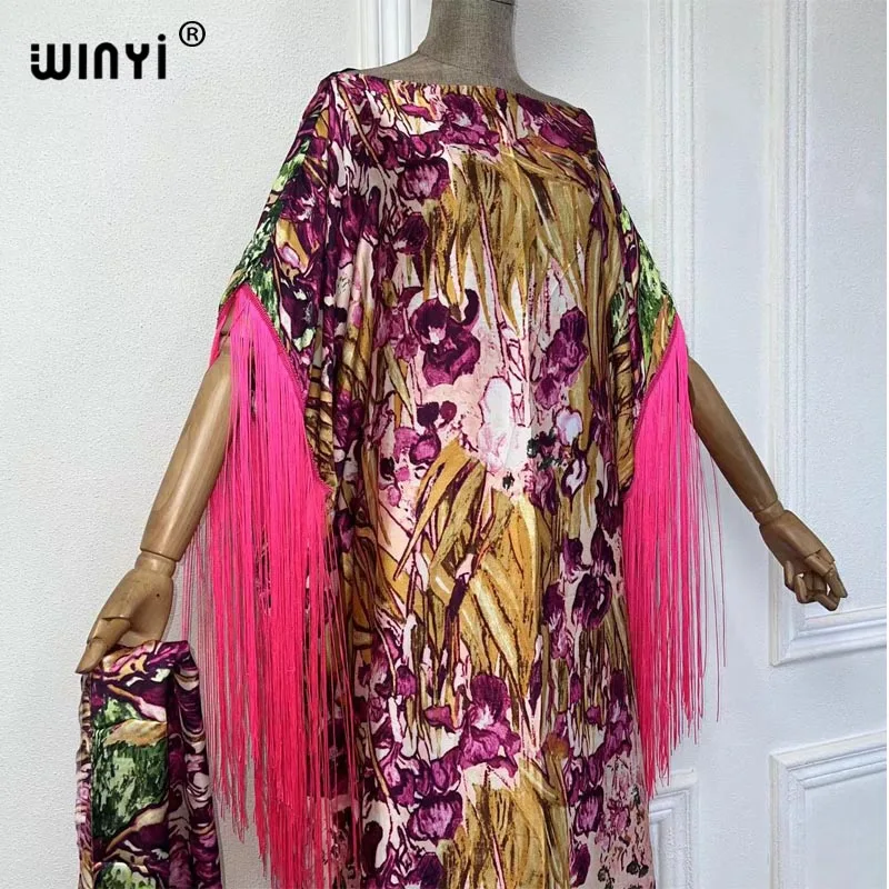 WINYI boho nadruk afrykańskie świąteczne frędzle długa sukienka dubajska muzułmańska Dashiki Kaftan z paskiem na Bliskim Wschodzie sukienka imprezowa فساتين طويلة