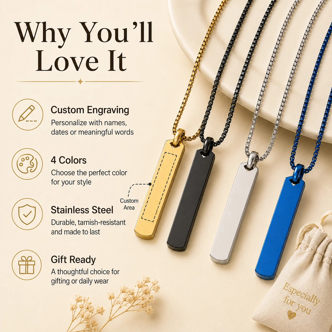Custom Name Necklace Laser Engraving Personalized Text Stainless Steel Chain DIY Gift Custom Name Pendant Necklace - view 5