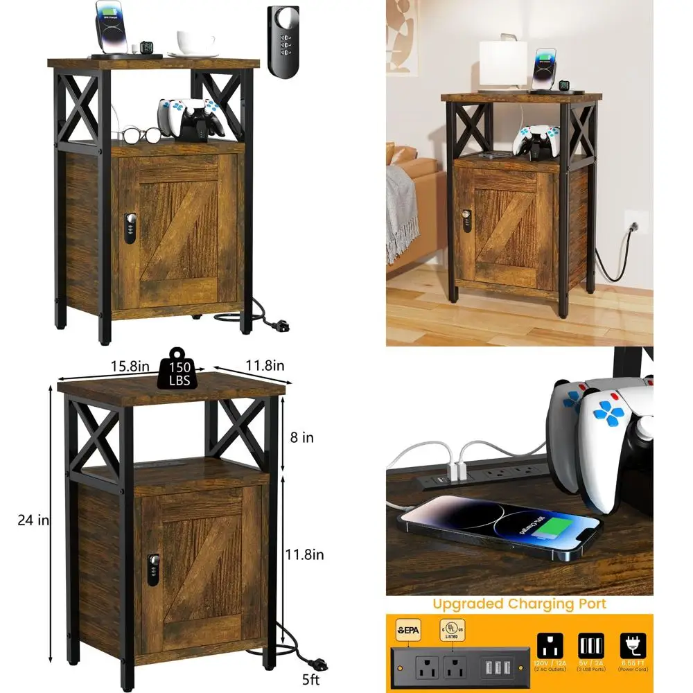 Secure Wooden Bedside Table with Drawers, Charging Station, 3 USB Ports & 2 Outlets