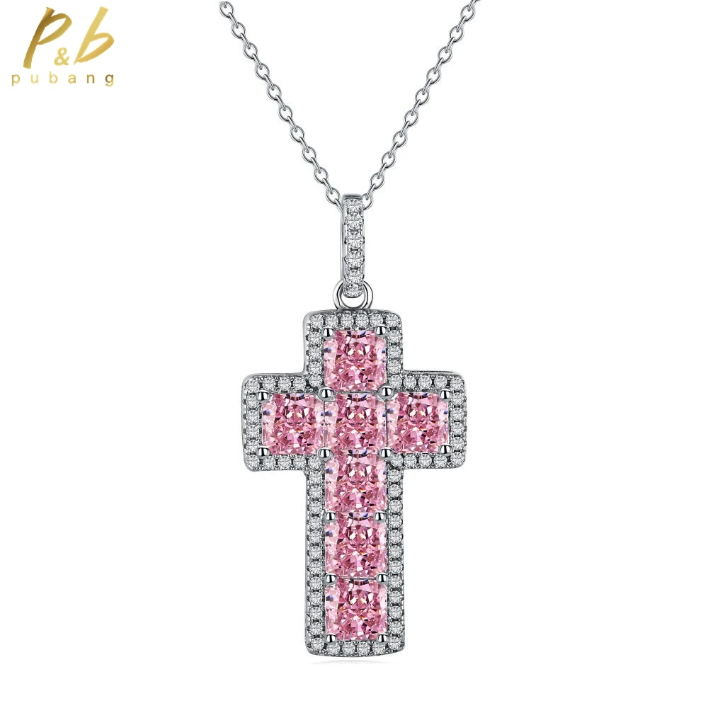 

PuBang Fine Jewelry Solid 925 Sterling Silver Created Moissanite Cross Pendant Necklace for Women Anniversary Gift Free Shipping