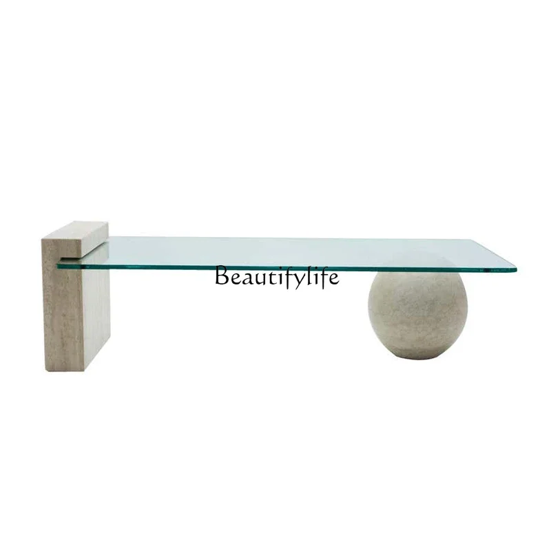 Rectangle natural travertine tempered glass combination coffee table small apartment sofa coffee table