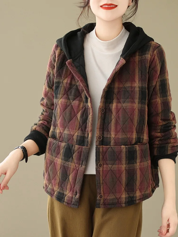 

Trendy Plaid Cotton Jaet Women's Autumn Winter Small Size Mom's Warmth Retention Hooded ort Coat Retro Sle Button Closure