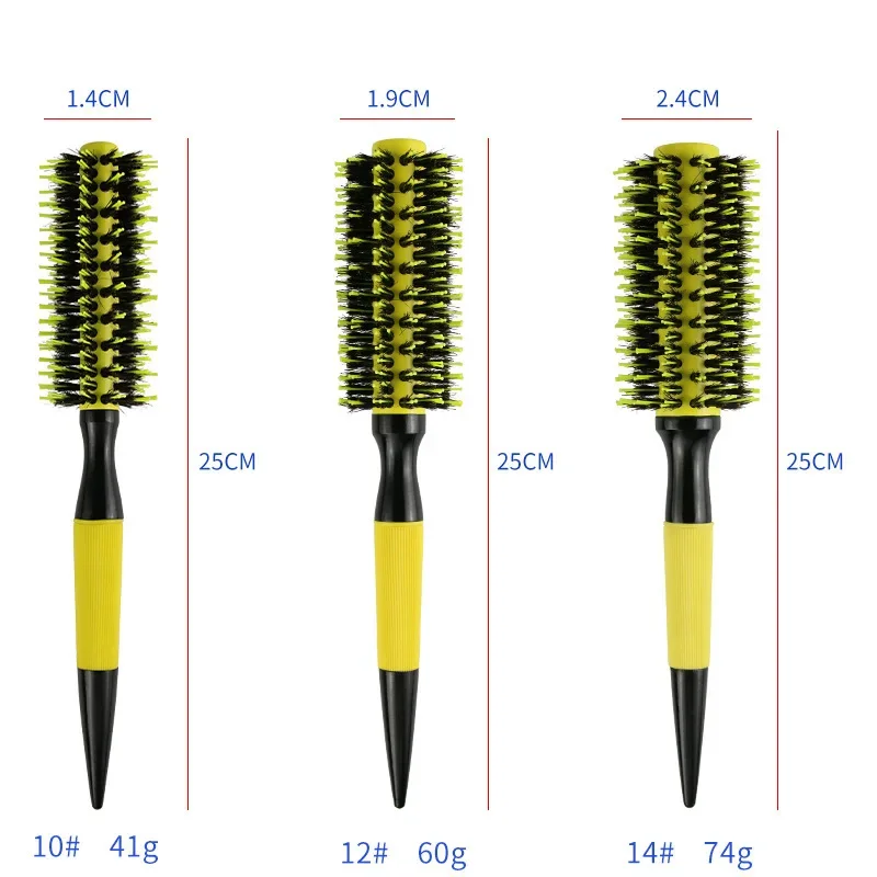 Professional  Round Wooden Hair Brush 6 Sizes Boar Bristle Mix Nylon Salon Women Hair Styling Tools Yellow Brazil Hair Curlerl