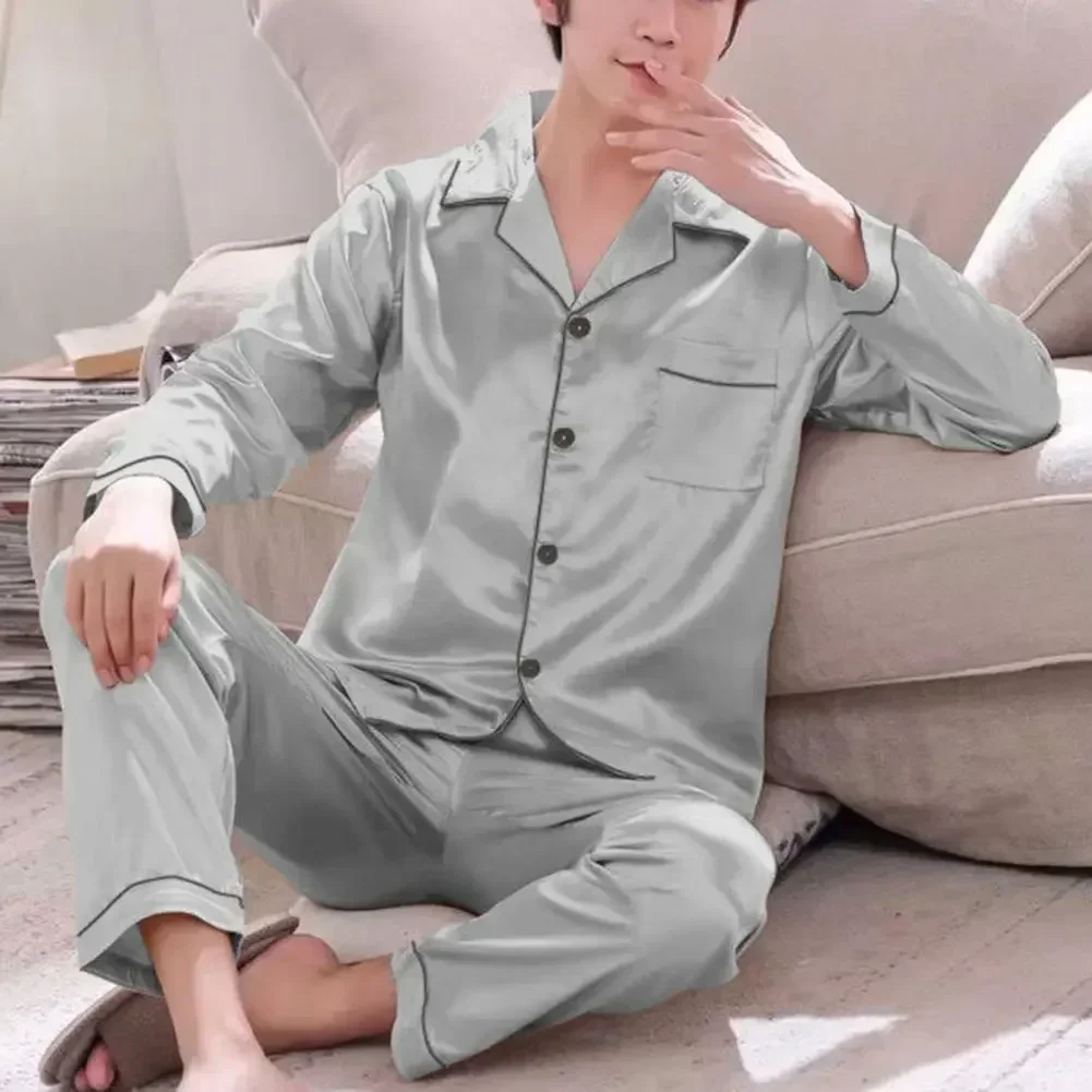 Suit Top Thin Casual Silk Set Sleepwear Men For Homewear Pants Long-sleeved Summer Pajamas Ice Clothing Pullover